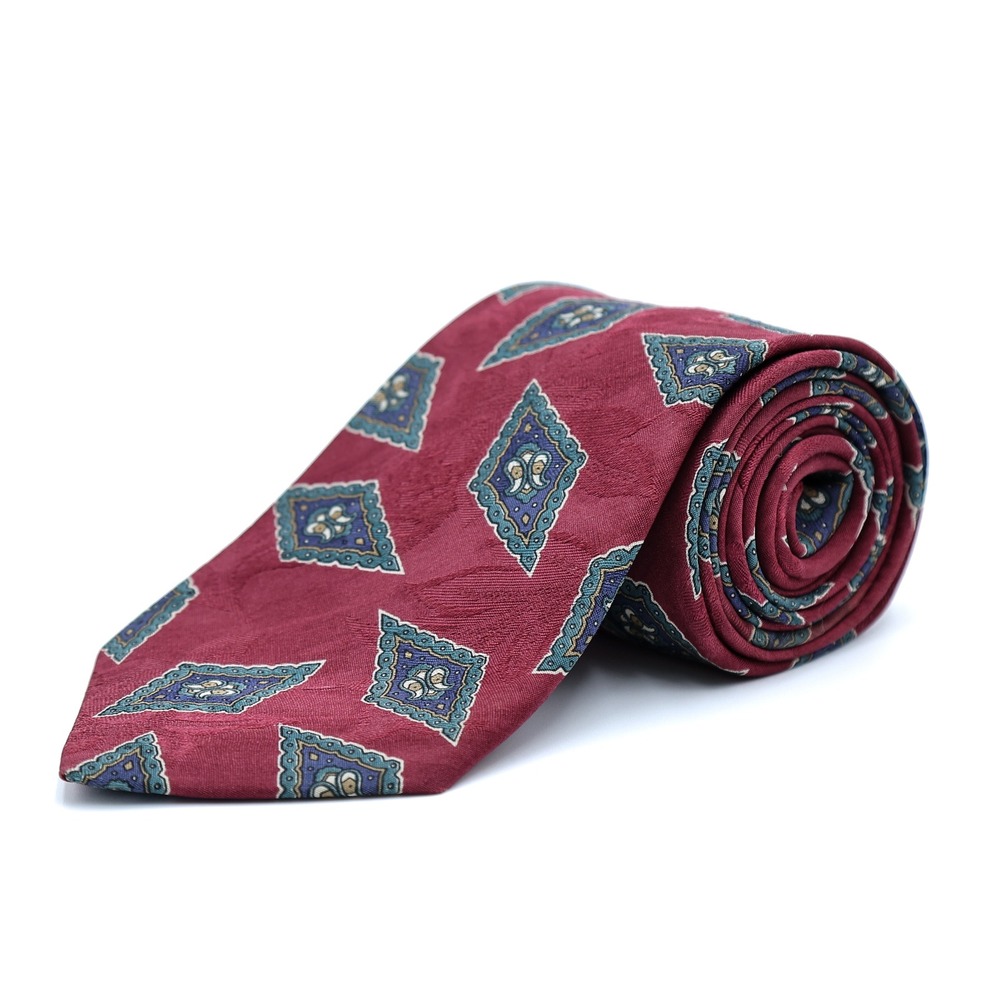 HART SCHAFFNER MARX Burgundy All Over Diamond Print‎ 100% Silk Tie Made in USA
